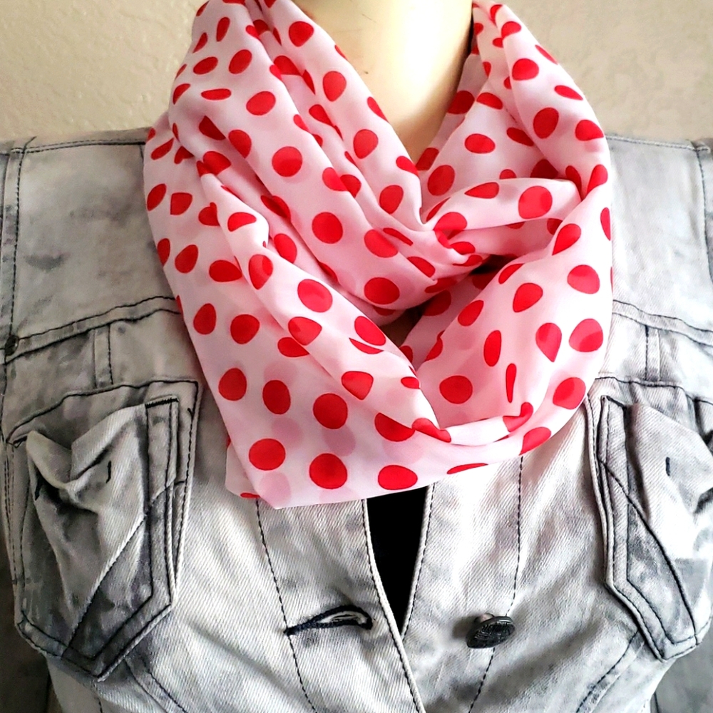 Red and white sheer polka dot infinity scarf